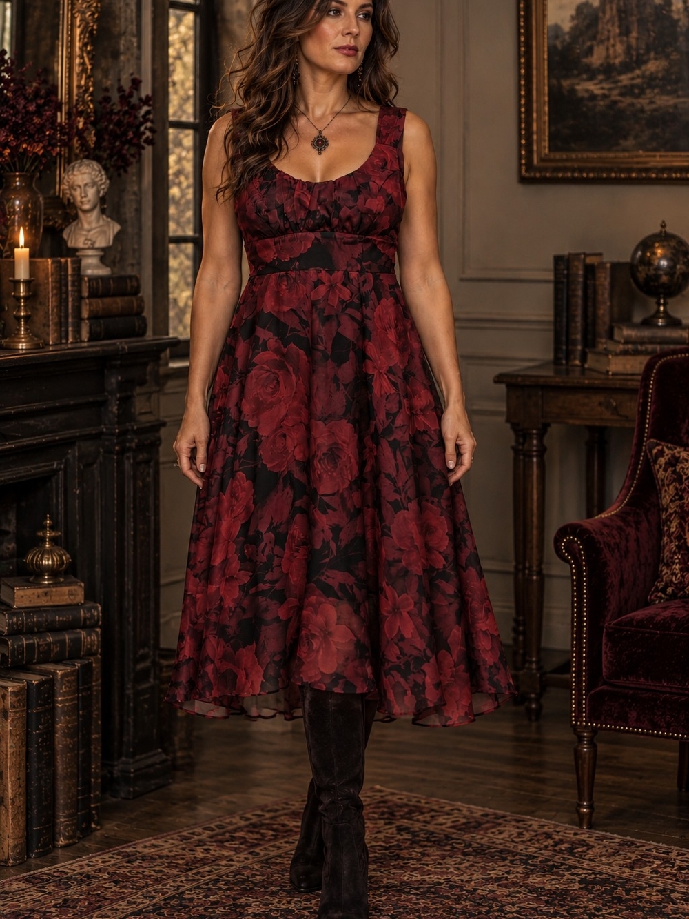 Dark Academia Rose Midi Dress Whimsigoth Romantic Floral NWOT